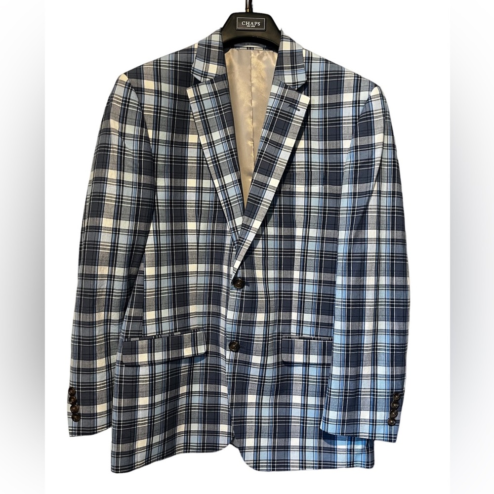 Chaps Men’s Blue and White Plaid Sport Coat Jacket 100% Cotton Size 40R Preppy